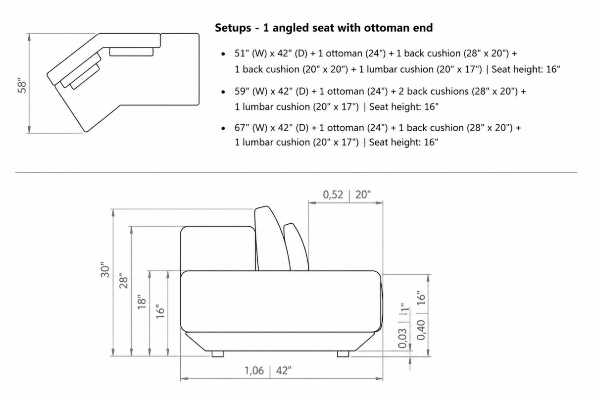 CHELSA 1 Seater Angled with Ottoman End