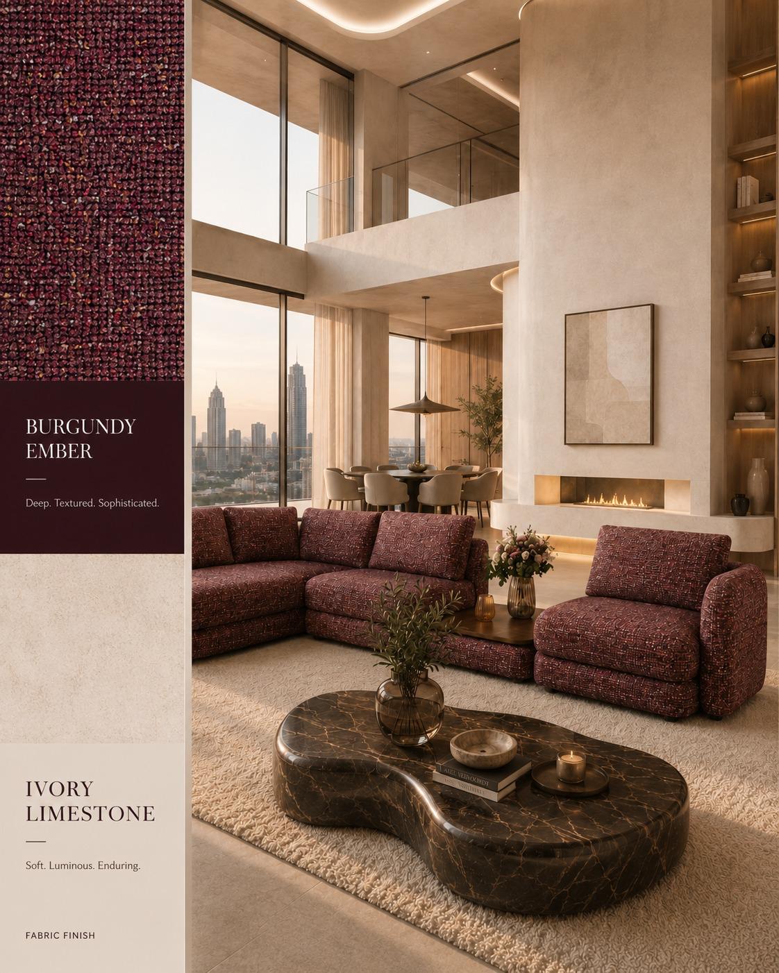 Burgundy Ember — A deep, textured fabric on a modular sectional.