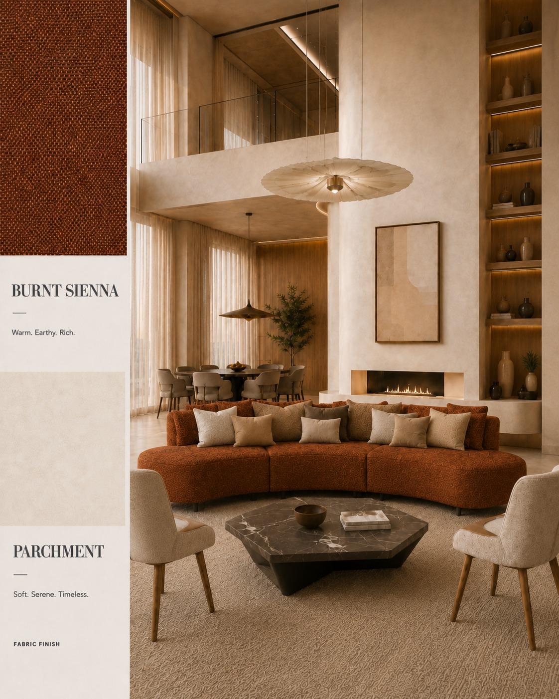 Burnt Sienna — Warm, earthy upholstery on a curved sofa.